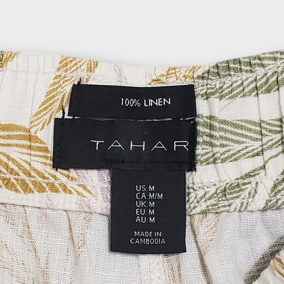 Tahari 100% Linen Pull On Pants Tropical Palm Floral Medium Flowy Wide Leg Crop - Picture 6 of 11